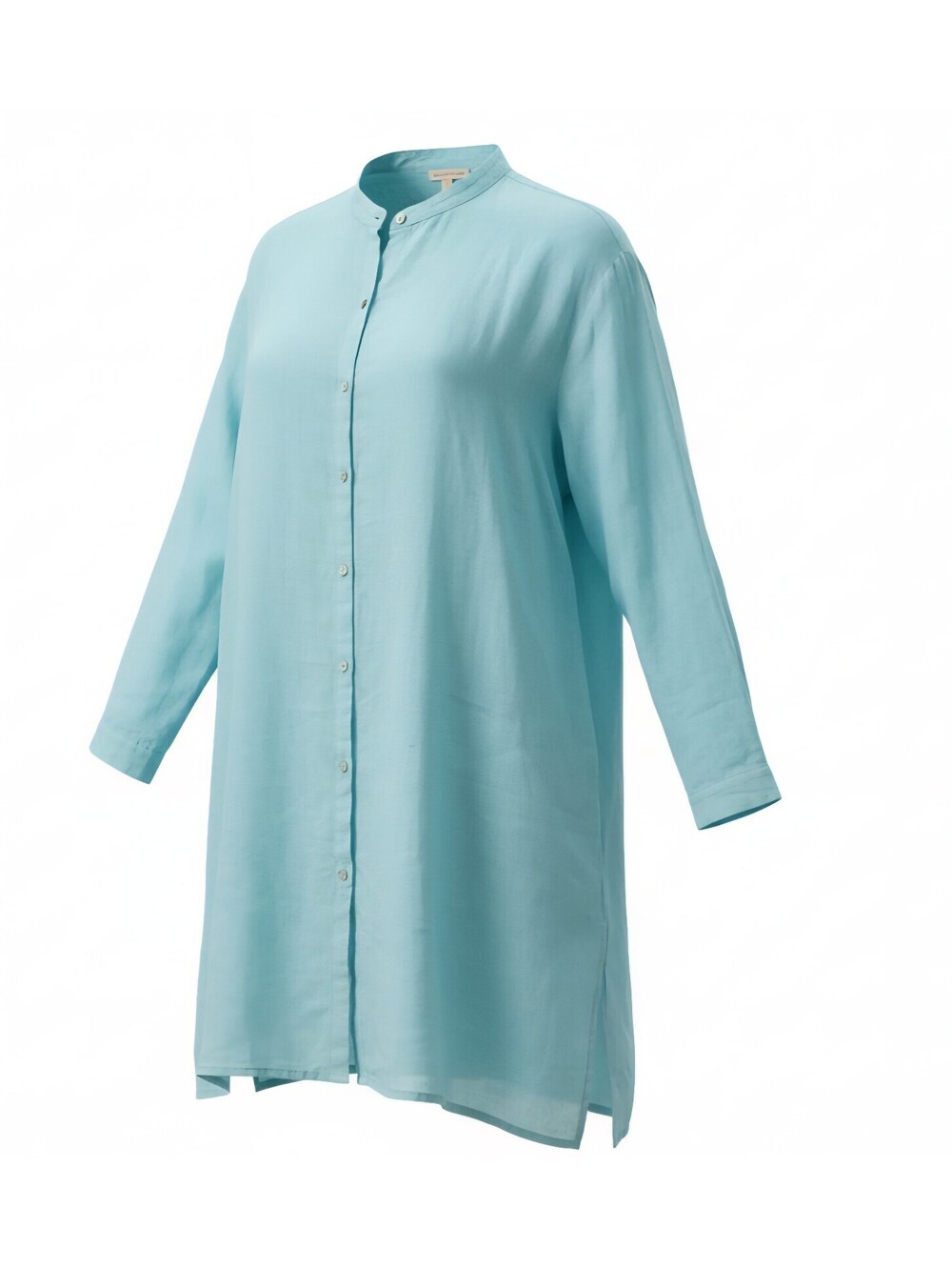 Eileen Fisher Organic Linen Mandarin Collar Shirt XL Aqua Blue Long Button Tunic